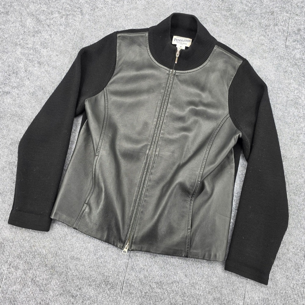 Pendleton Black Leather & Merino Wool Mixed Media Full Zip Jacket Petite Medium